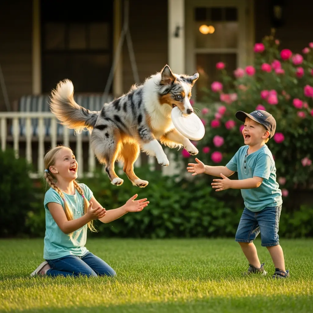Mini Australian Shepherd playing with children in backyard