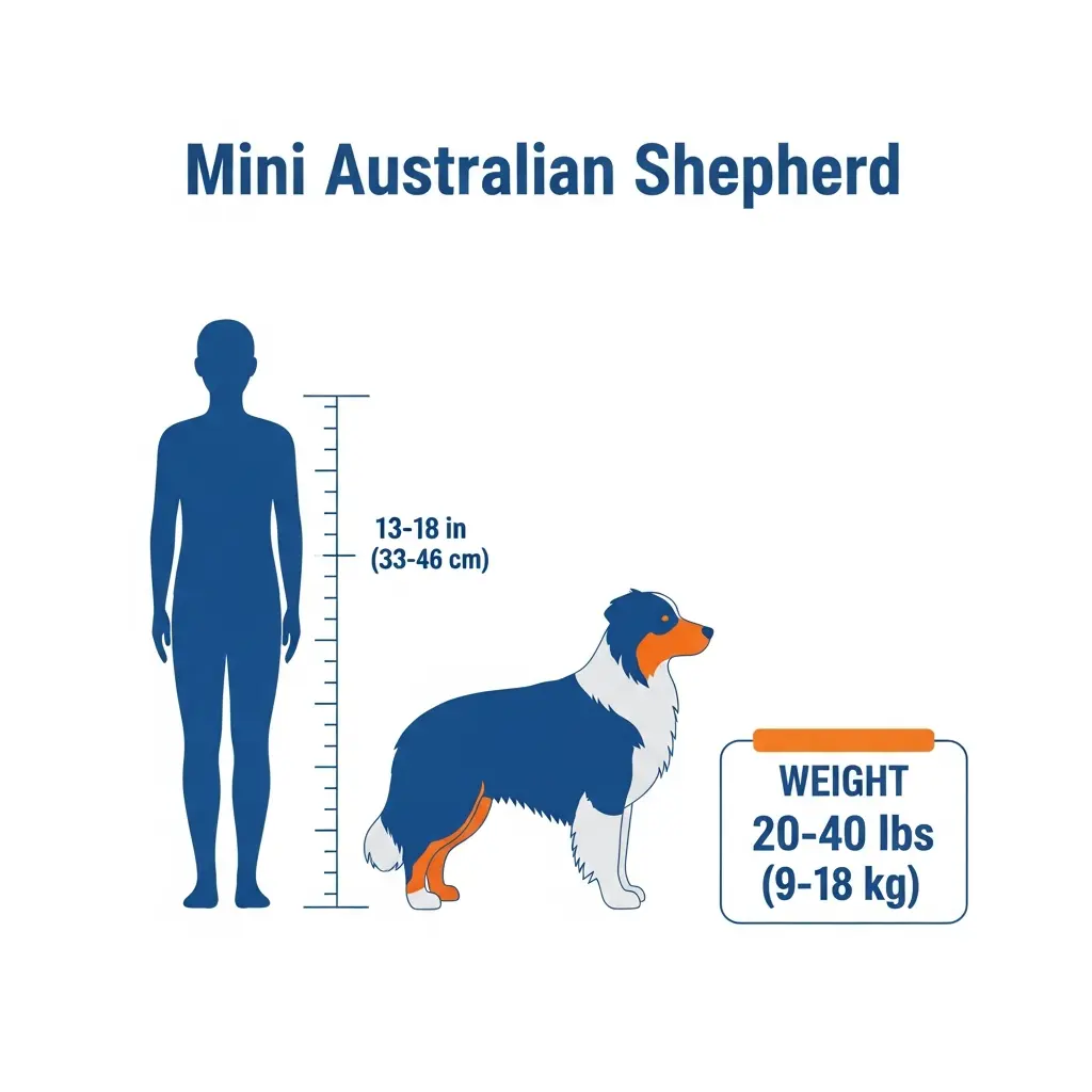 Mini Australian Shepherd size comparison chart showing height and weight