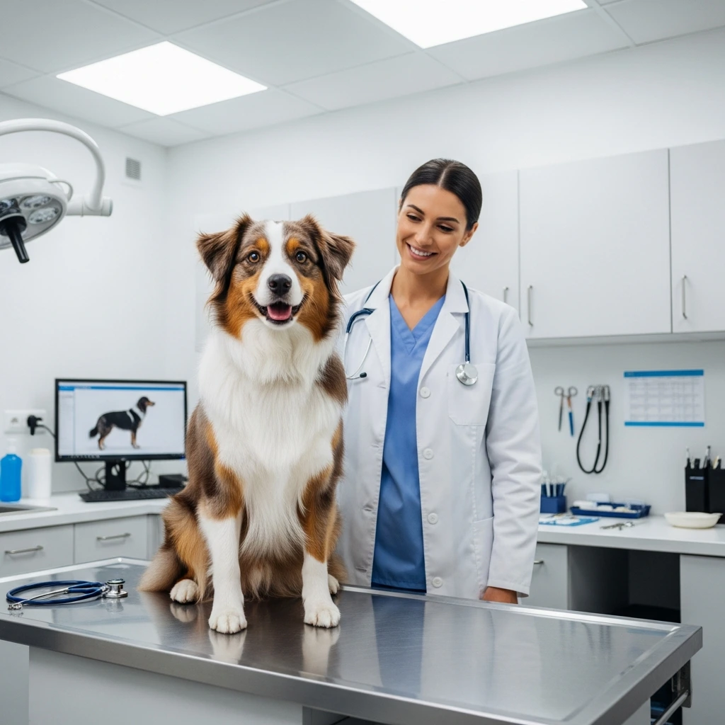 Healthy Mini Australian Shepherd at veterinary checkup