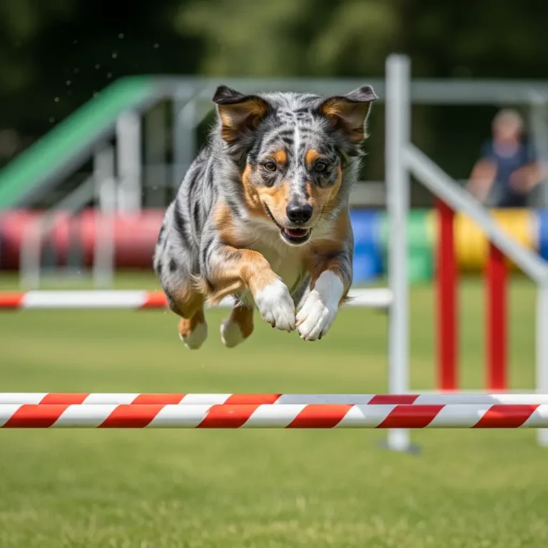 Mini Australian Shepherd running during agility and hiking training