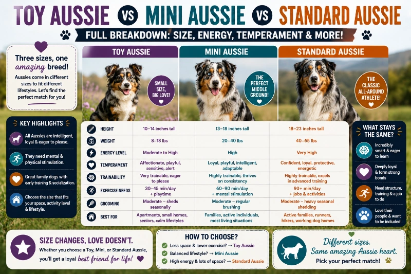 Toy Aussie vs Mini Aussie vs Standard Aussie Full Breakdown